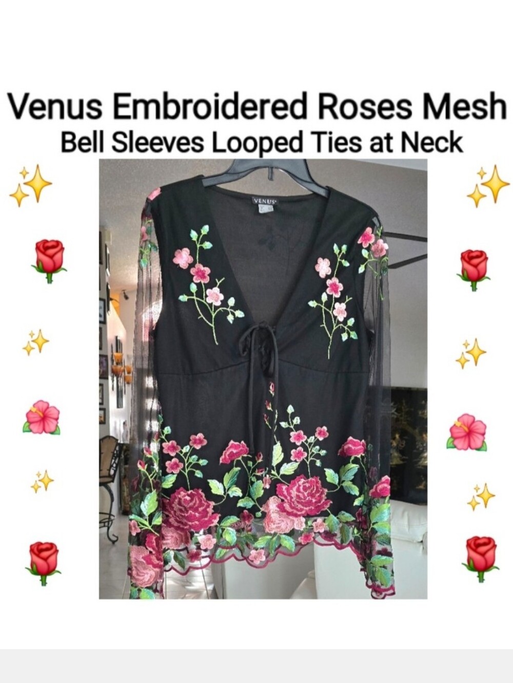 VENUS Black Top with Pink and Green Floral Detail, Size M